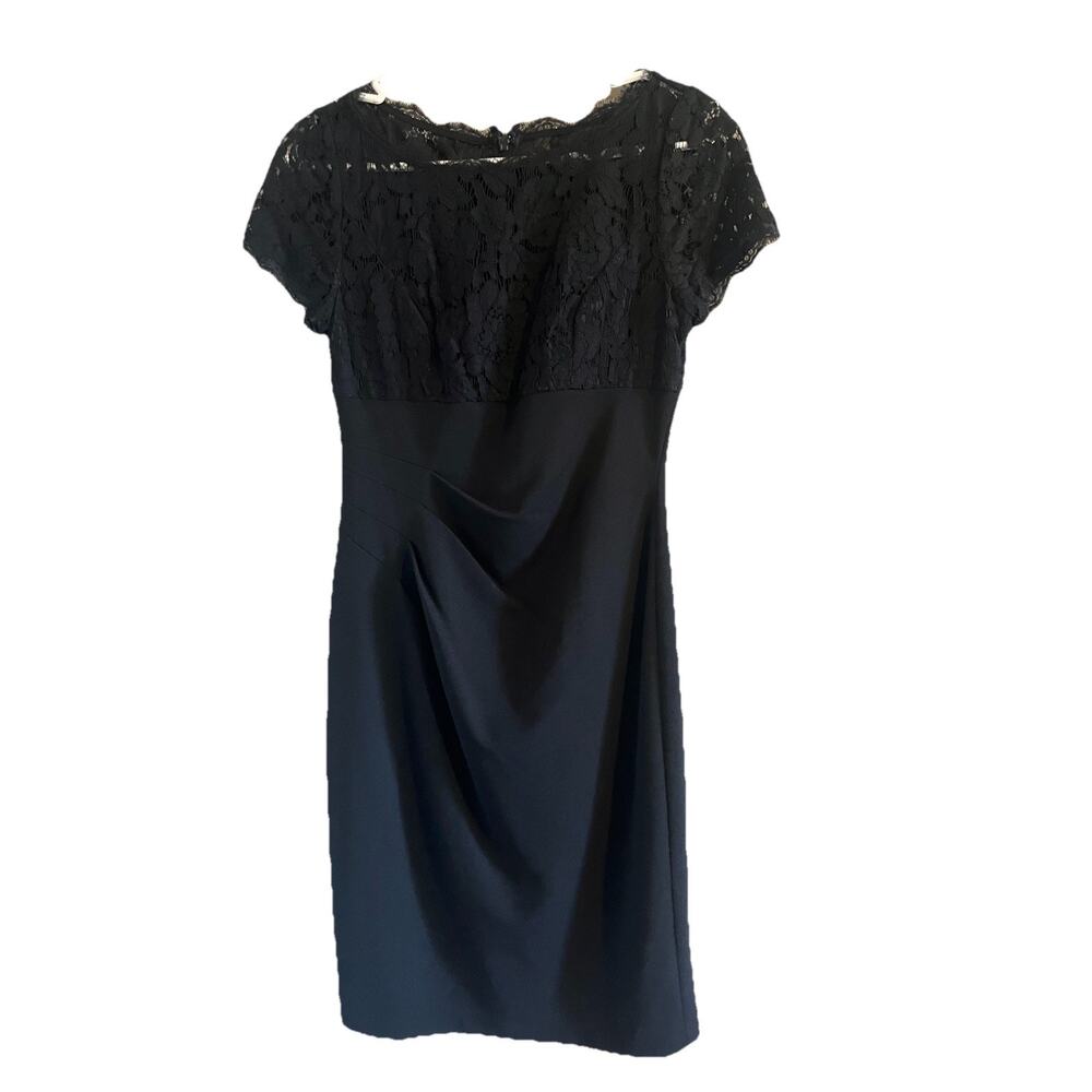 Adrianna Papell Black Lace Cocktail Dress Size 2 Sheath Ruched Waist Cap Sleeve